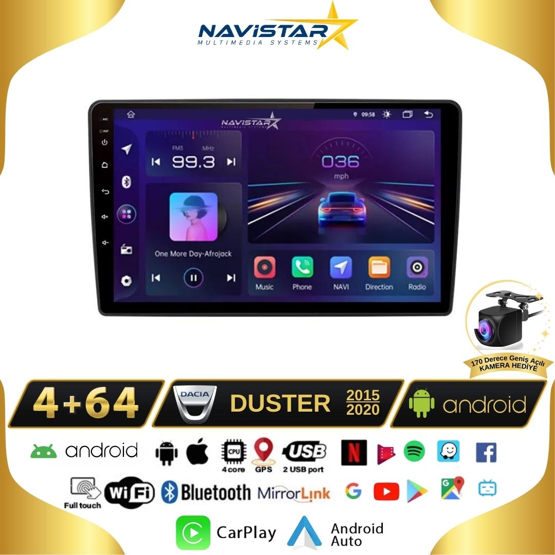 Dacia Duster 2015-2020 Model 4GB + 64GB Android 13 Kablosuz Carplay Navigasyon Multimedya Sistemi