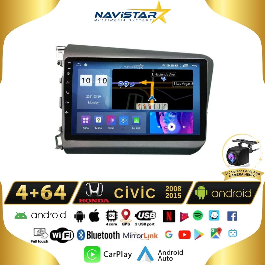 Honda Civic 2008-2015 Model 4GB + 64GB Android 13 Kablosuz Carplay Navigasyon Multimedya Sistemi