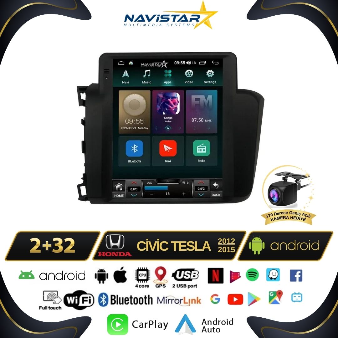 Honda Civic Tesla 2012-2015 Model 2GB + 32GB Kablosuz Carplay Navigasyon Multimedya Sistemi