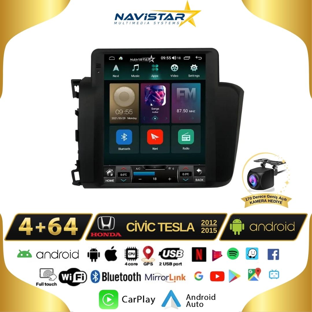 Honda Civic Tesla 4GB + 64GB 2012-2015 Model Kablosuz Carplay Navigasyon Qled Multimedya Sistemi