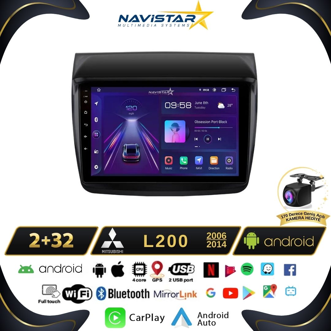 Mitsubishi L200 10 İnç Android 13 Multimedya 2+64GB Kablosuz CarPlay 2006-2014