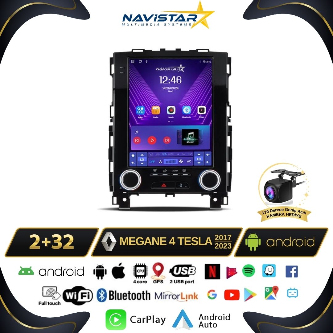 Renault Megane 4 Tesla 2017-2023 Model 2+32GB Android Kablosuz Carplay Navigasyon Multimedya Sistemi