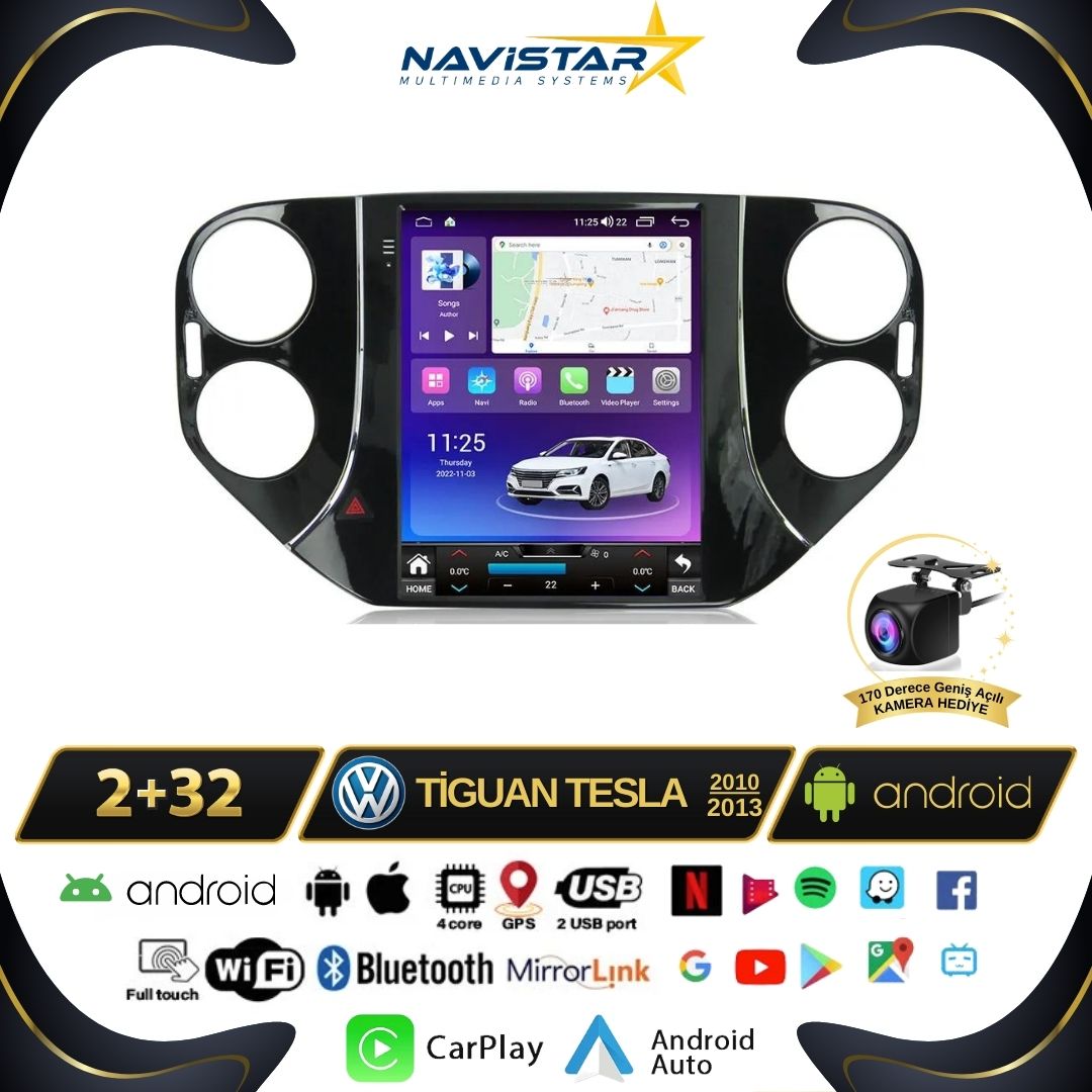 Volkswagen Tiguan Tesla 2010-2013 Model 2GB + 32GB Kablosuz Carplay Navigasyon Multimedya Sistemi