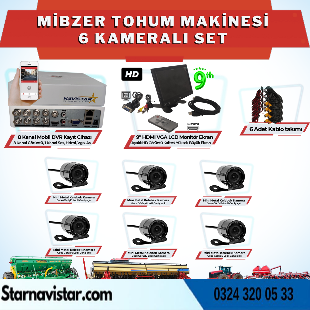 6 Kameralı Mibzer Havalı Tohum Makinesi 9 Inç Hdmi Monitörlü Kamera Seti