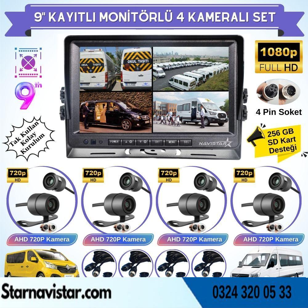 9 Inç Dörde Bölünür Kayıtlı 256Gb Sd Destekli 4 Kameralı 720P Ahd 4 Pin Soketli Tak Kullan Kamera Seti