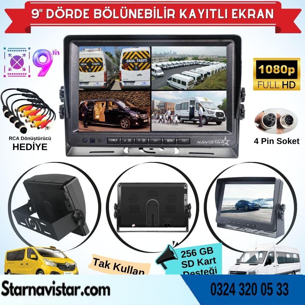 9 inç Kayıtlı Dörde Bölünür Monitör 256Gb Sd Destekli 4 Kamera Takılabilir 4 Pin Soketli