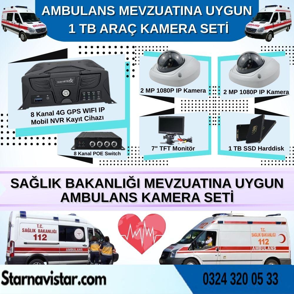 Ambulans Mevzuatına Uygun 2 Kameralı 8 Kanal Mobil NVR 1 TB 7 inç Monitörlü Tak Kullan Set