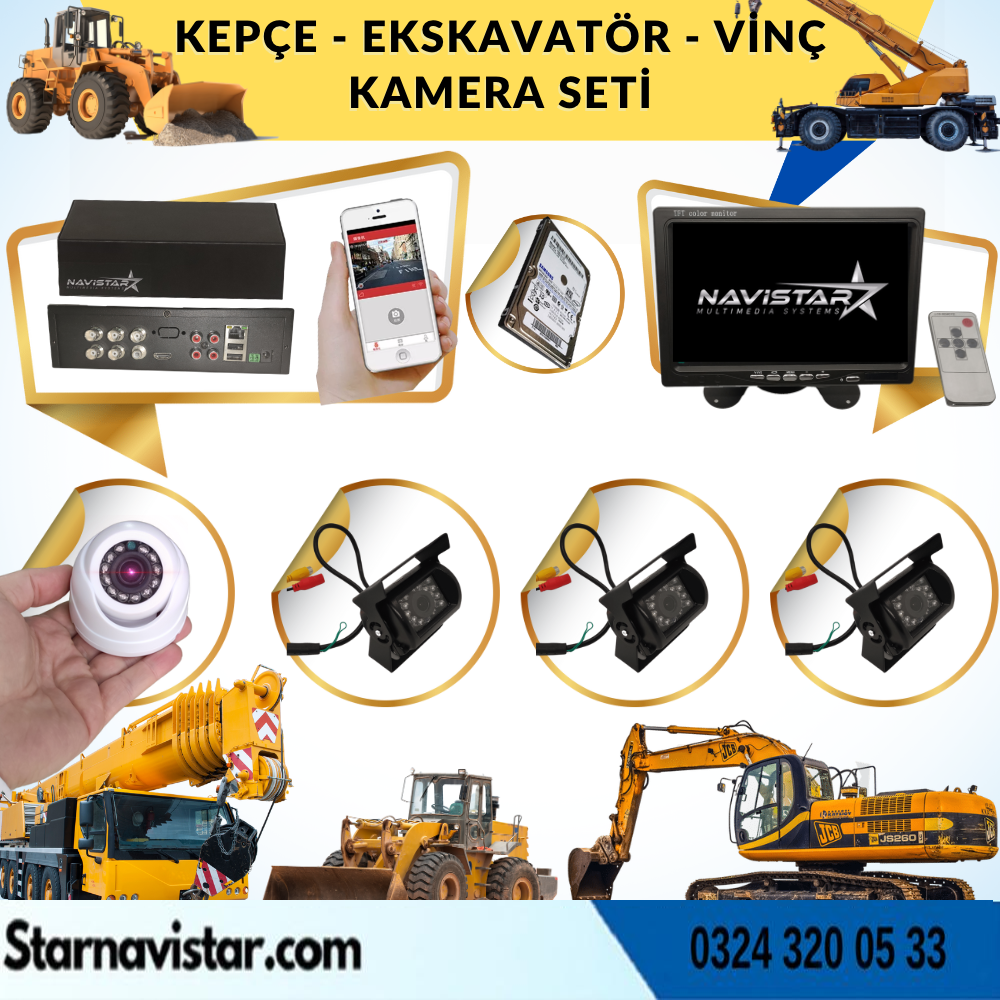 Ekskavatör Dozer Greyder Vinç Kepçe Uzaktan İzlemeli 4 Kameralı 320 Gb Harddisk Kamera Seti
