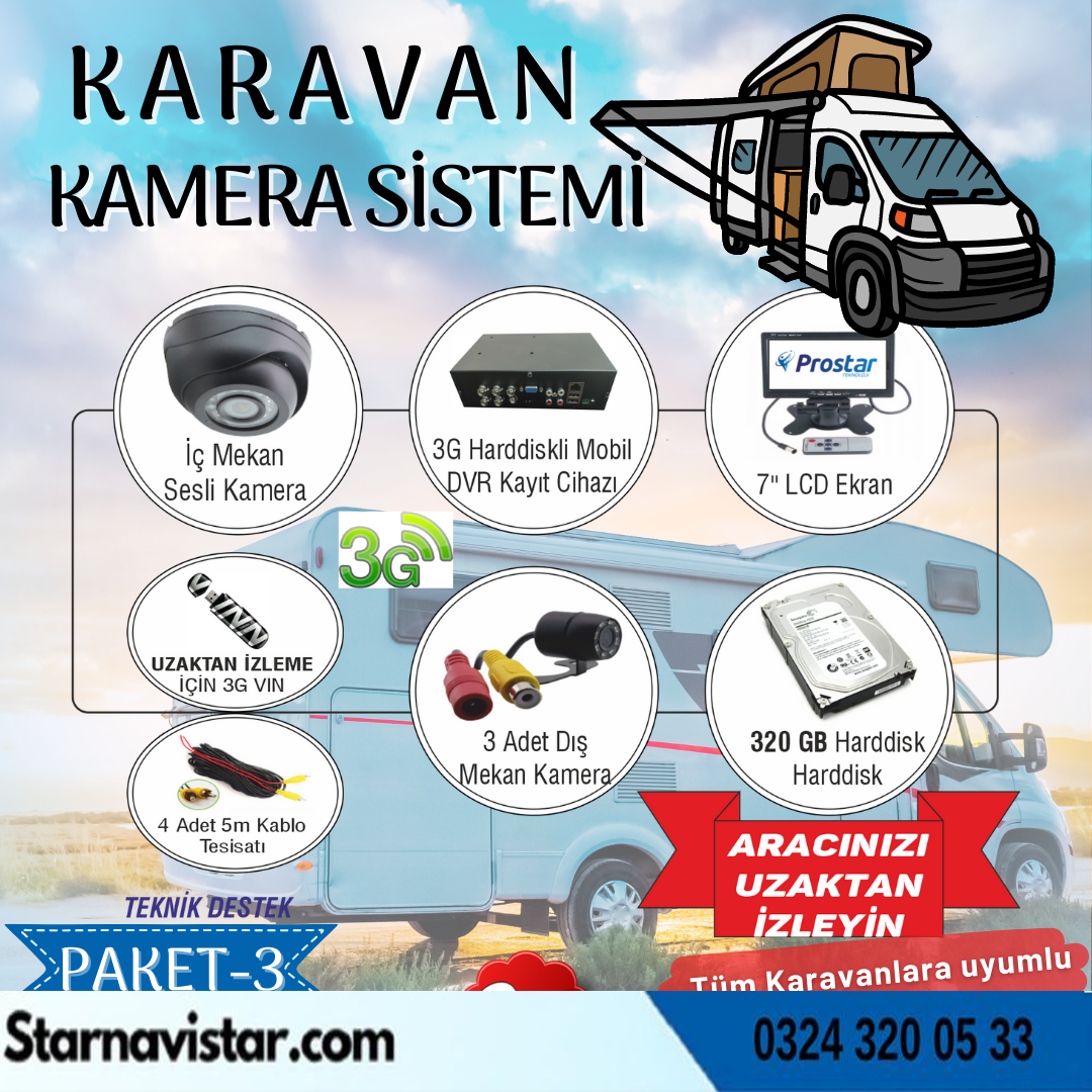 Uzaktan Takipli Karavan Kamera Sistemi Seti Kayıtlı Harddiskli 320 Gb Dahil 4 Kameralı Ekranlı