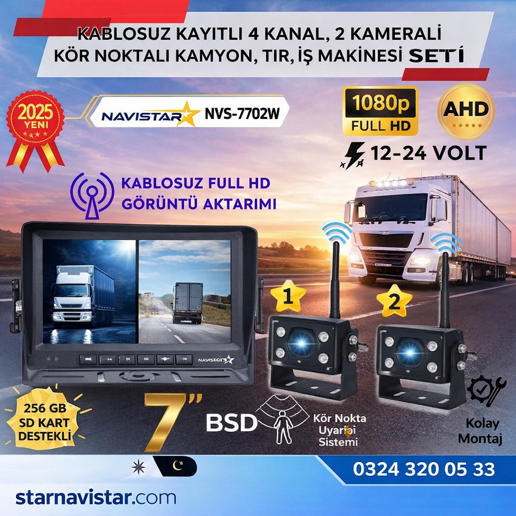 2 Kablosuz Kameralı 7 inç Kayıtlı Monitör Full HD BSD Kör Nokta Uyarı Sistemli Tak Kullan Kamera Seti