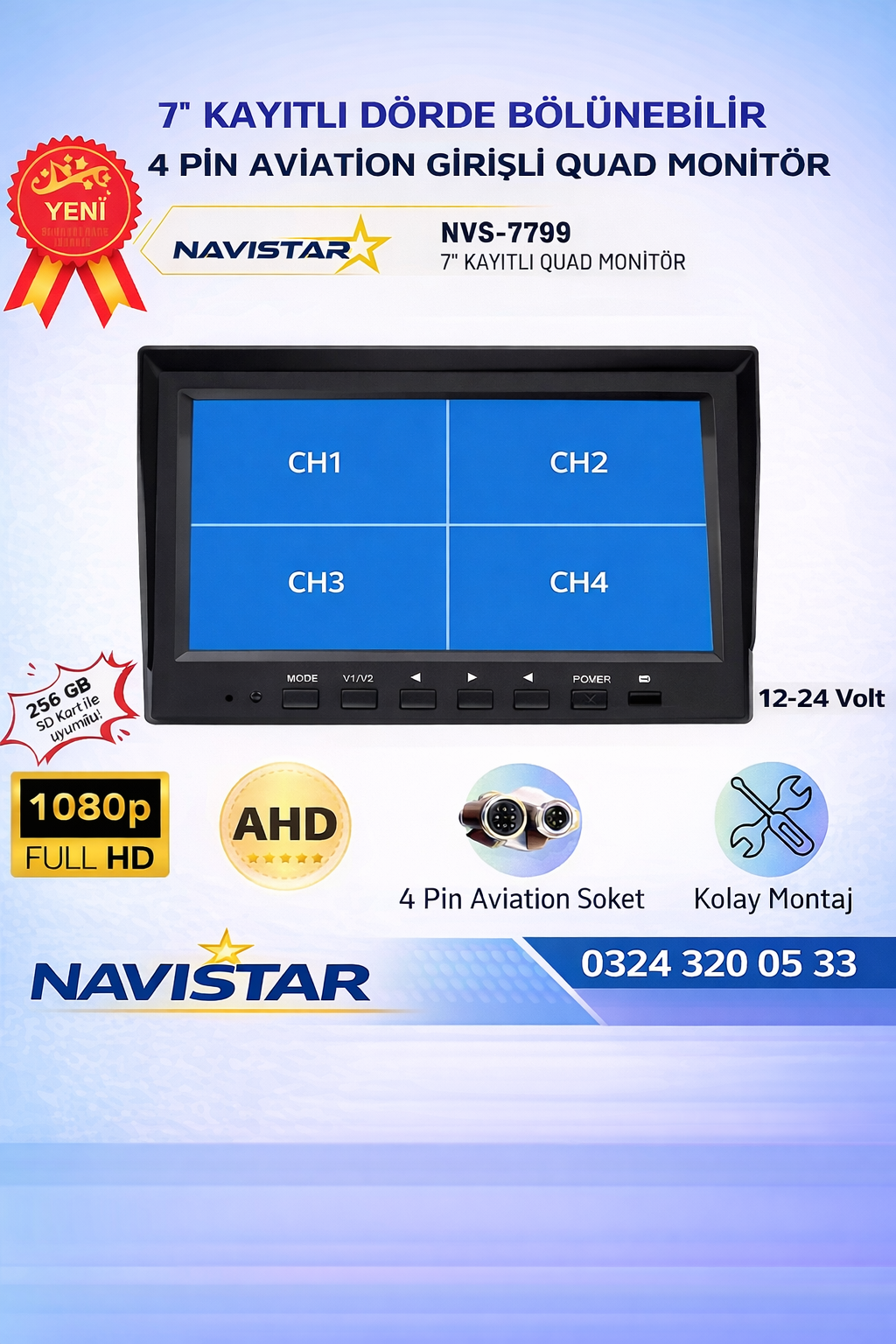 7 İnç Quad Monitör Dörde Bölünebilir Kayıtlı 4 Pin Aviation Girişli AHD