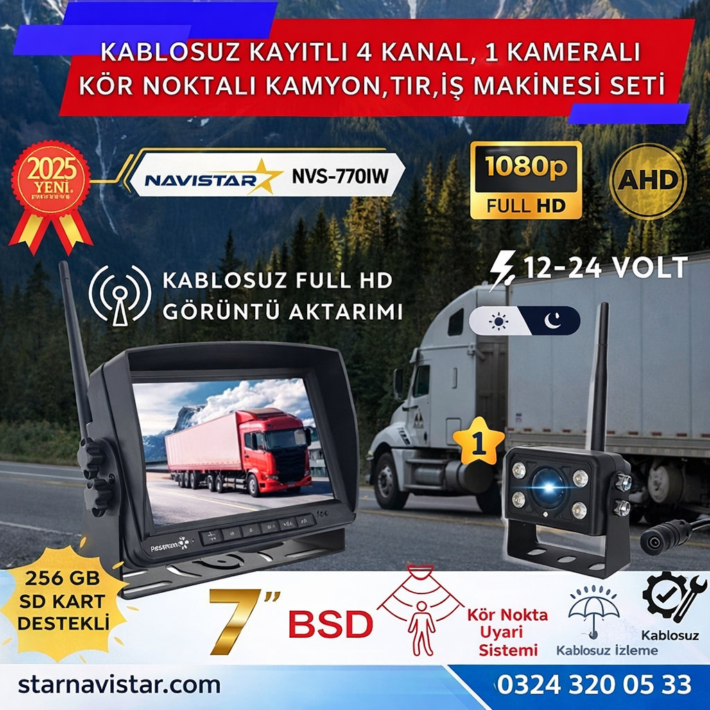 Kablosuz Kameralı 7 inç Kayıtlı Monitör Full HD BSD Kör Nokta Uyarı Sistemli Tak Kullan Kamera Seti