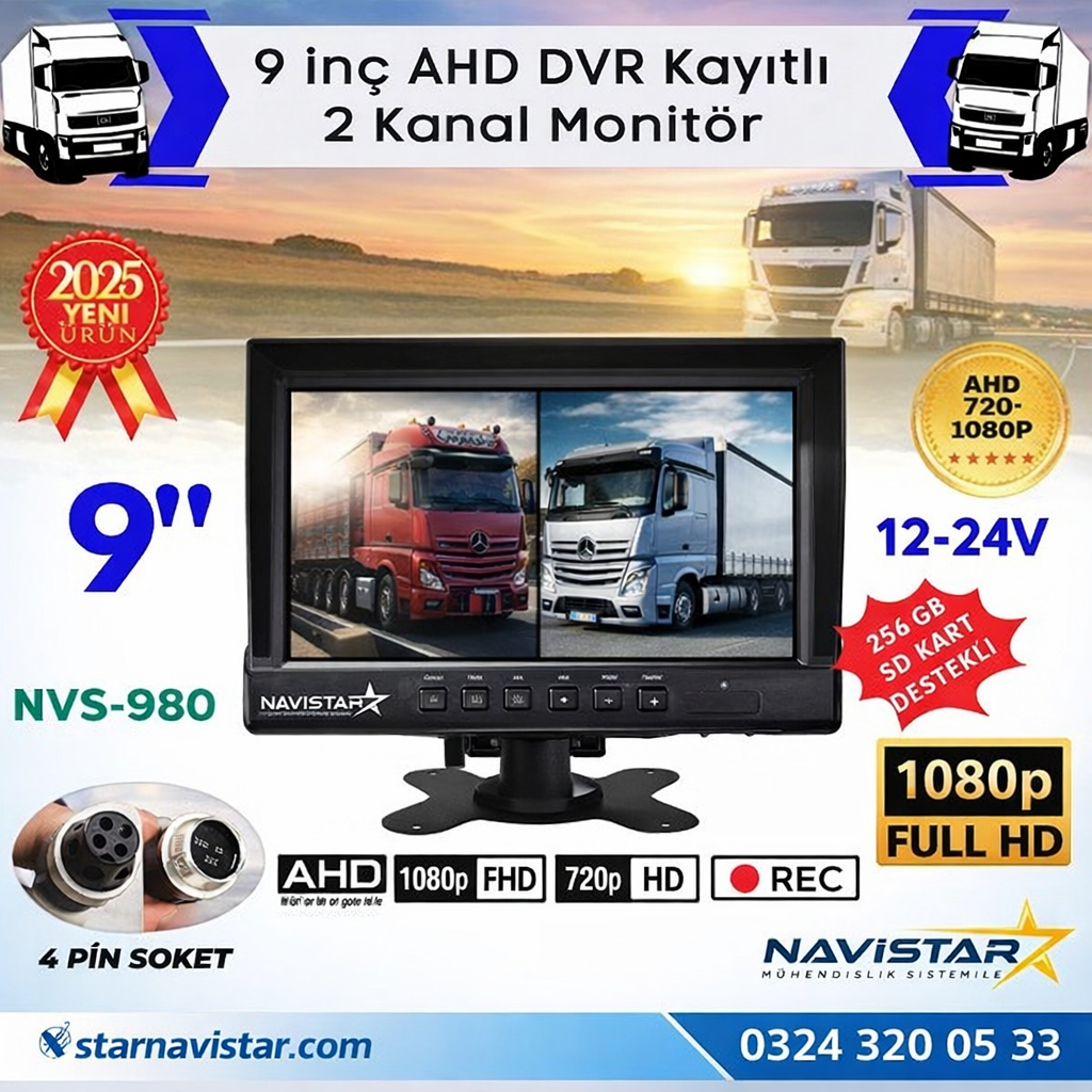 Kayıtlı 9 inç ikiye Bölen 2 Kanal Split AHD 1080P/720P destekli 4 Pin 256 GB SD Destekli Monitör