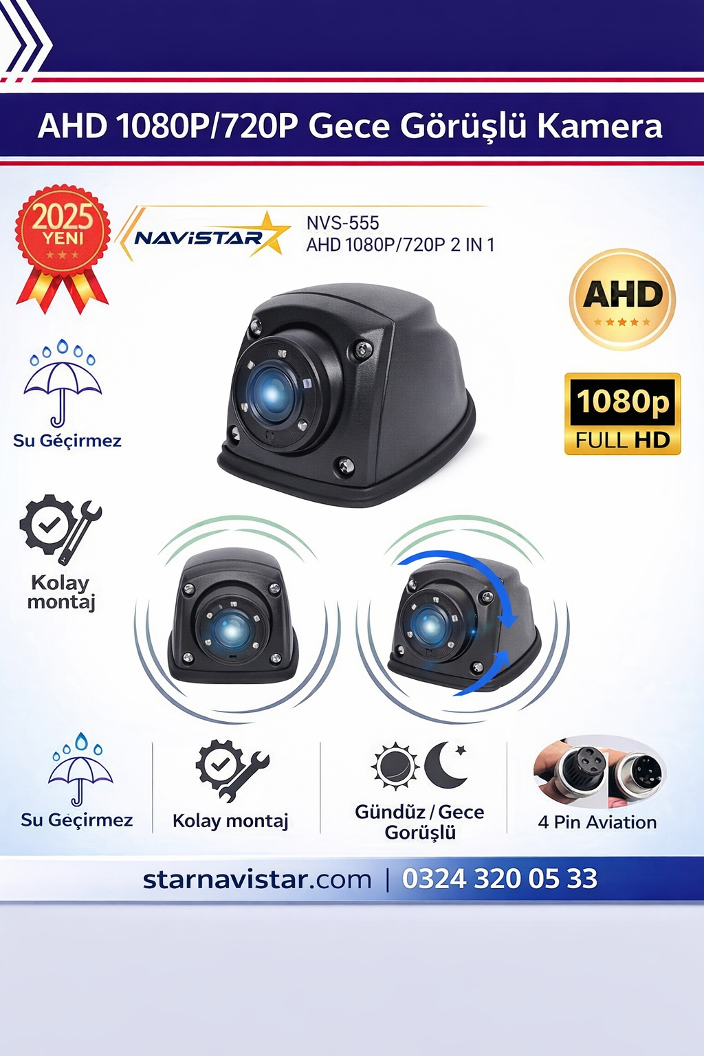 Metal Mini Gece Görüşlü AHD 1080P/720P 4 Pin Soketli Yan için uygun Kamyon Tır Otobüs Kamerası