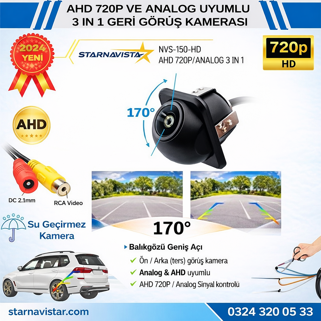 AHD 720P ve Analog Pal Çevrilebilir 170 Derece Balıkgözü Geniş Açılı Geri Görüş Kamerası