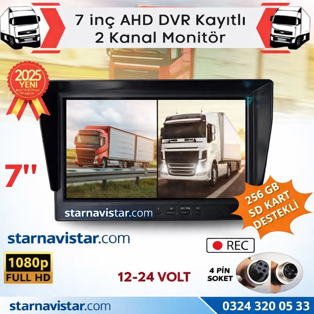 Kayıtlı 7 inç ikiye Bölen 2 Kanal Split AHD 1080P/720P destekli 4 Pin 256 GB SD Destekli Monitör